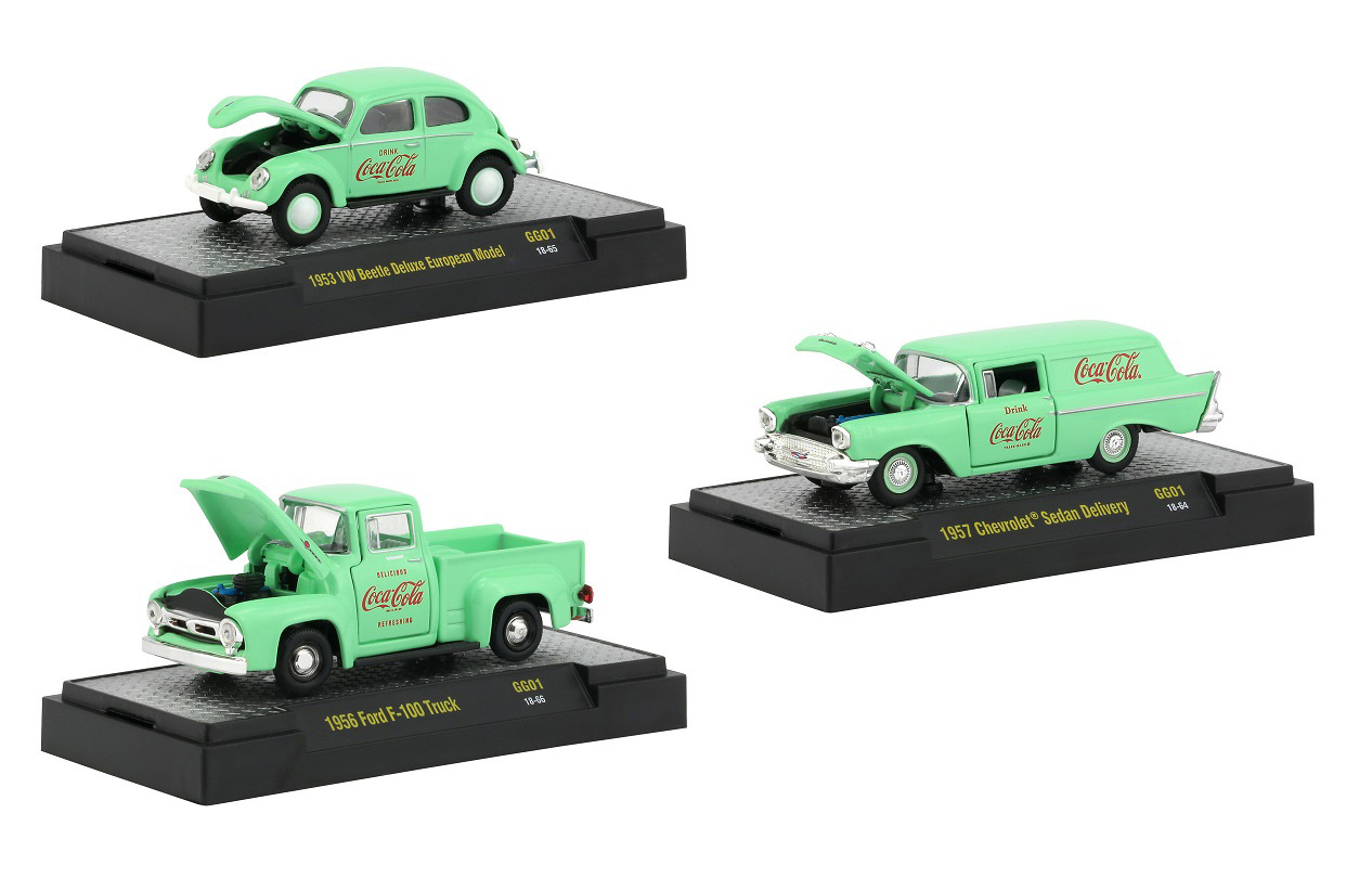 "coca-cola" Green Set Of 3 Cars Limited Edition To 4800 Pieces Worldwide "hobby Exclusive" 1/64 Diecast Model Cars By M2 Machines