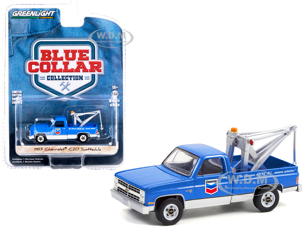 1983 Chevrolet C20 Scottsdale Tow Truck with Drop-In Tow Hook "Chevron" Blue "Blue Collar Collection" Series 9 1/64 Diecast Model Car by Greenlight