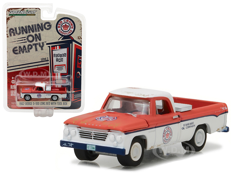 1962 Dodge D-100 Pickup Truck Long Bed With Tool Box Red Crown Gasoline 1/64 Diecast Model Car By Greenlight