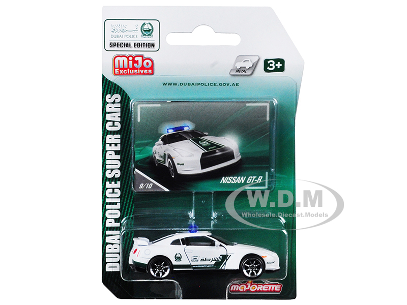Nissan Gt-r White And Green Special Edition "dubai Police Super Cars" 1/61 Diecast Model Car By Majorette