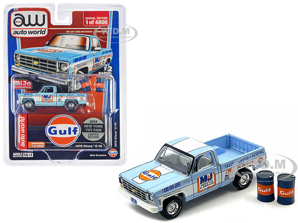 1978 Chevrolet C10 Pickup Truck Light Blue with White Stripes "Gulf Oil - M&amp;J Service &amp; Repair" with Barrel Accessories "2023 New York Toy Fa