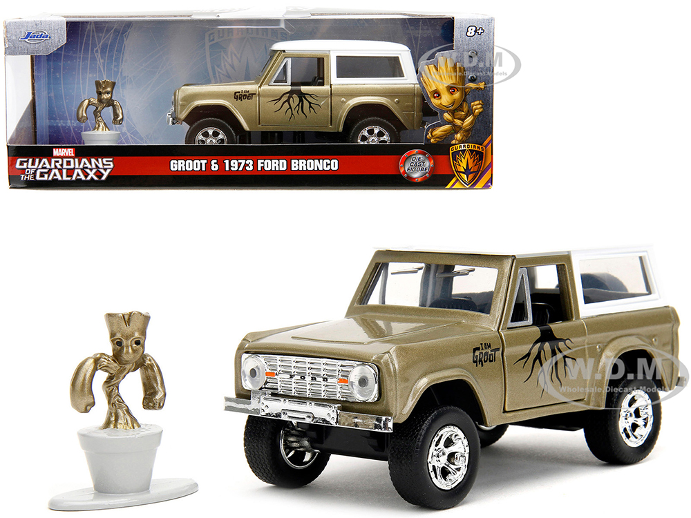 1973 Ford Bronco Gold Metallic with White Top and Groot Diecast Figure Guardians of the Galaxy Marvel Series 1/32 Diecast Model Car by Jada
