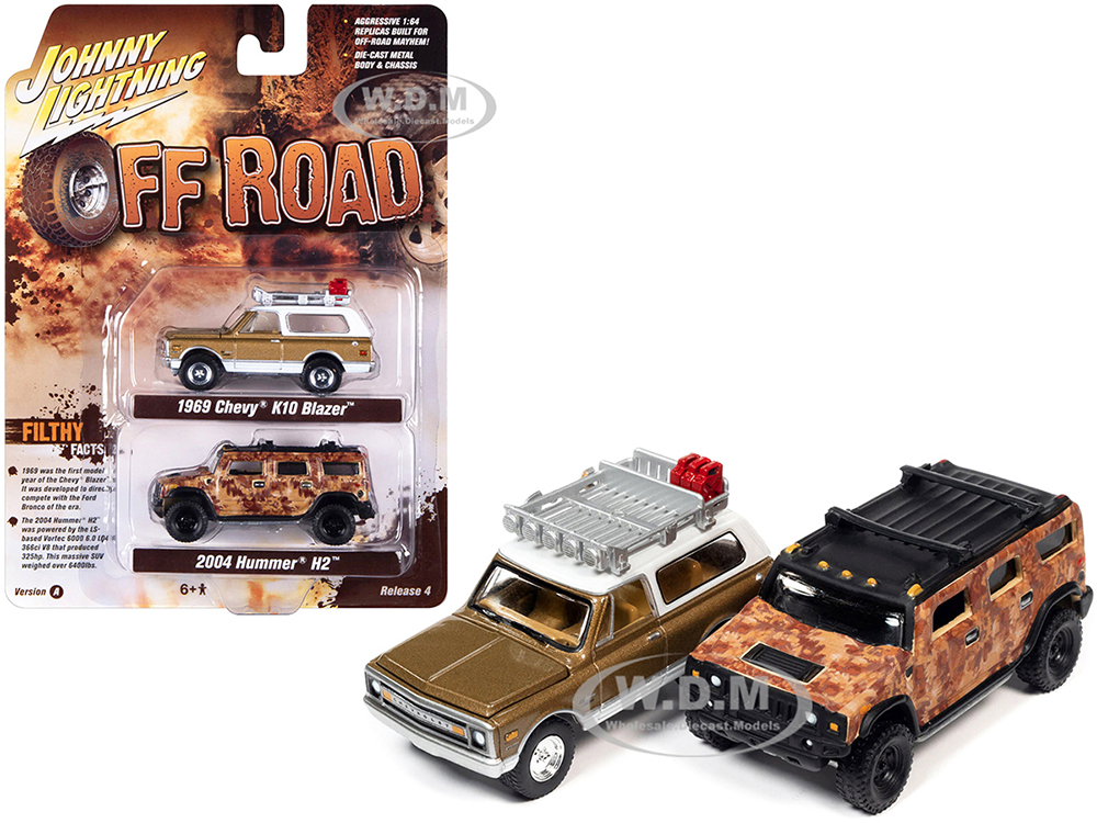 1969 Chevrolet K10 Blazer Gold Metallic and 2004 Hummer H2 Brown Camouflage Off Road Set of 2 Cars 1/64 Diecast Model Cars by Johnny Lightning