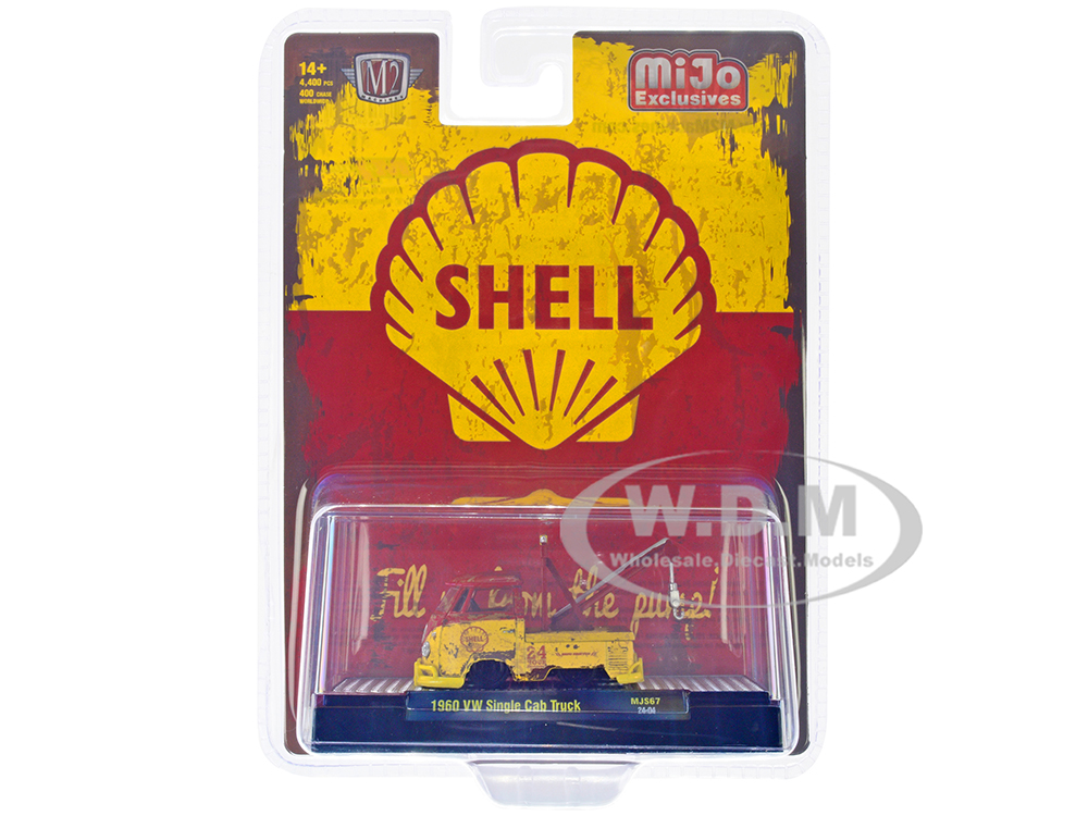 1960 Volkswagen Single Cab Tow Truck Yellow and Red (Weathered) Shell Oil Limited Edition to 4400 pieces Worldwide 1/64 Diecast Model by M2 Machines