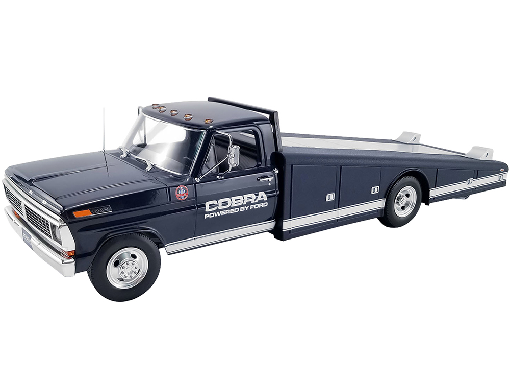 Image of 1970 Ford F-350 Ramp Truck Dark Blue with White Stripes "Cobra Powered by Ford" 1/18 Diecast Model Car by ACME