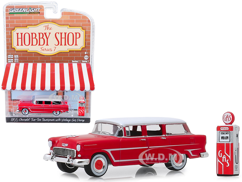 Image of 1955 Chevrolet Two-Ten Townsman Red with Vintage Gas Pump "The Hobby Shop" Series 7 1/64 Diecast Model Car by Greenlight