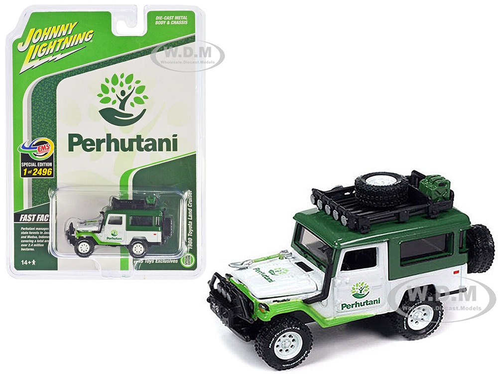 1980 Toyota Land Cruiser White And Green Perhutani With Roof Rack Limited Edition To 2496 Pieces Worldwide 1/64 Diecast Model Car By Johnny Lightni