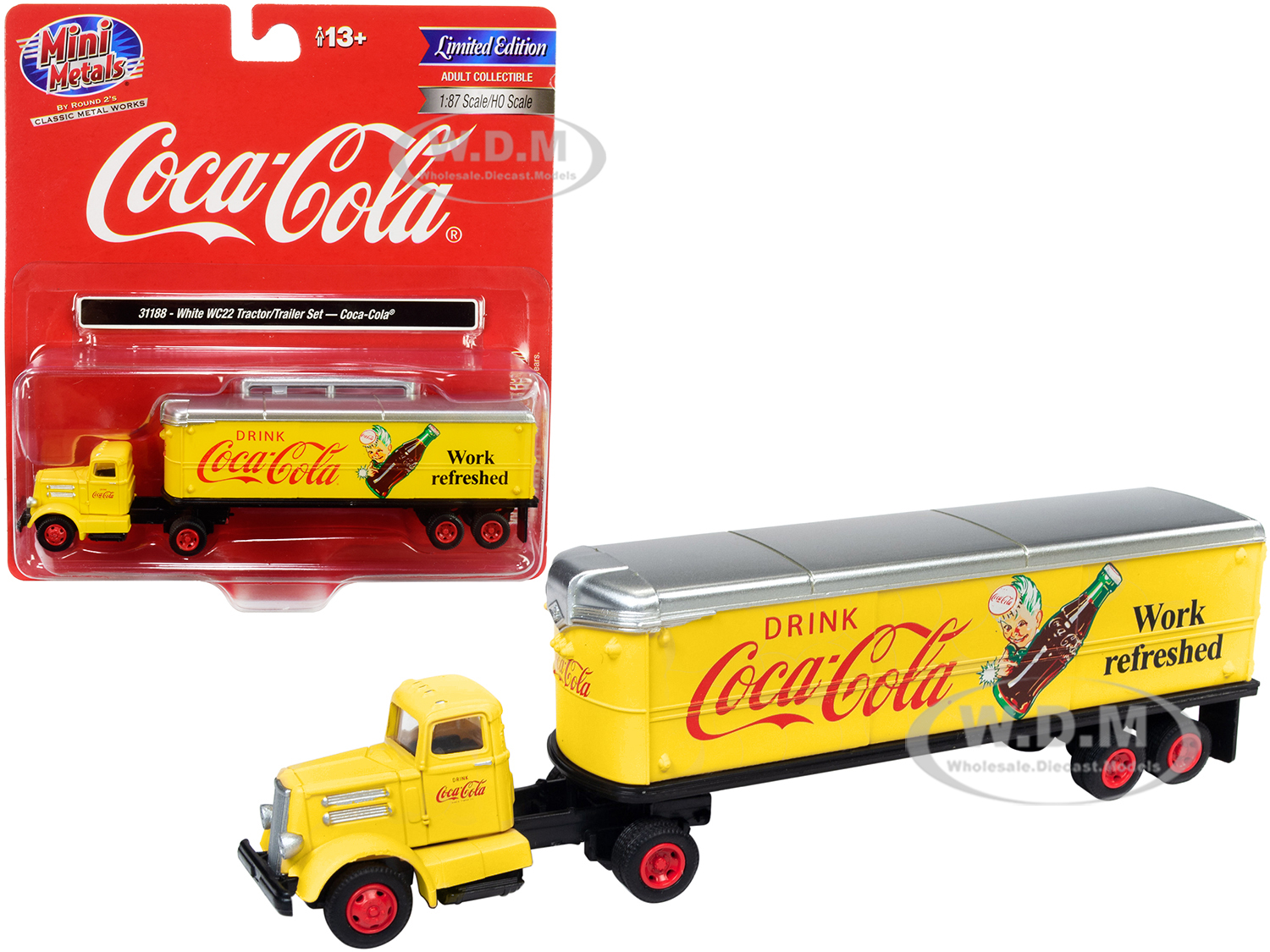 White WC22 Tractor Trailer Coca-Cola Yellow 1/87 (HO) Scale Model By Classic Metal Works