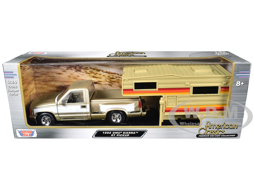 1992 GMC Sierra GT Pickup Truck Gold Metallic with White Sides with Camper Shell American Classics Series 1/24 Diecast Model Car by Motormax