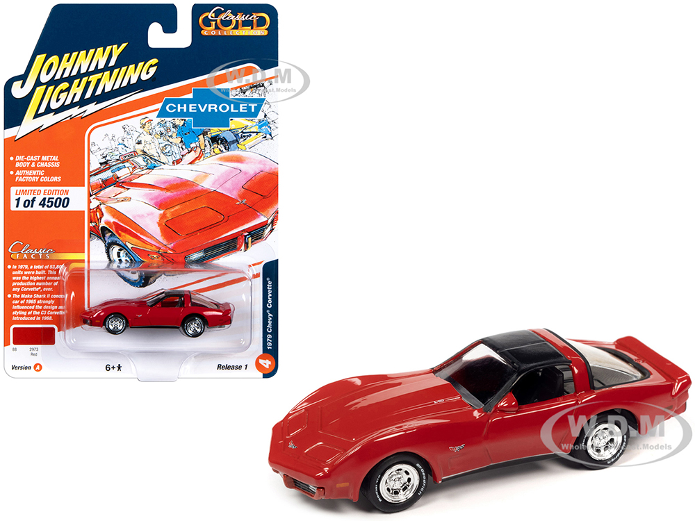 1979 Chevrolet Corvette Red with Black Top Classic Gold Collection 2023 Release 1 Limited Edition to 4500 pieces Worldwide 1/64 Diecast Model Car by Johnny Lightning
