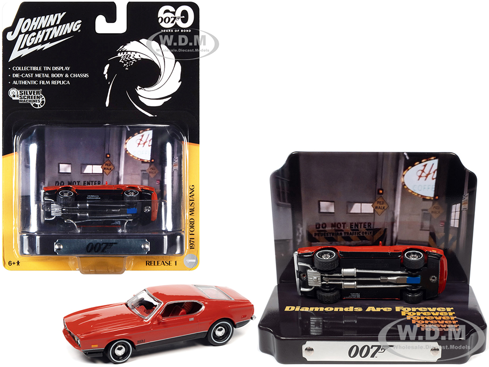 1971 Ford Mustang Mach 1 Red with Collectible Tin Display 007 (James Bond) Diamonds Are Forever (1971) Movie 60 Years Of Bond 1/64 Diecast Model Car by Johnny Lightning