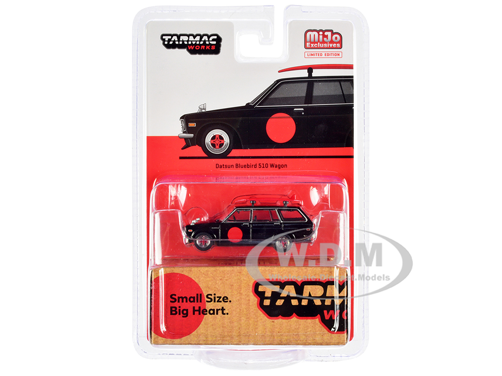 Datsun Bluebird 510 Wagon Black with Red Graphics with Roof Rack and Surfboard "Global64" Series 1/64 Diecast Model Car by Tarmac Works