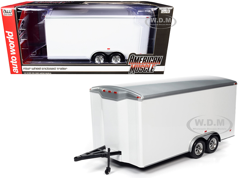 Four Wheel Enclosed Car Trailer White with Silver Top for 1/18 Scale Model Cars by Auto World
