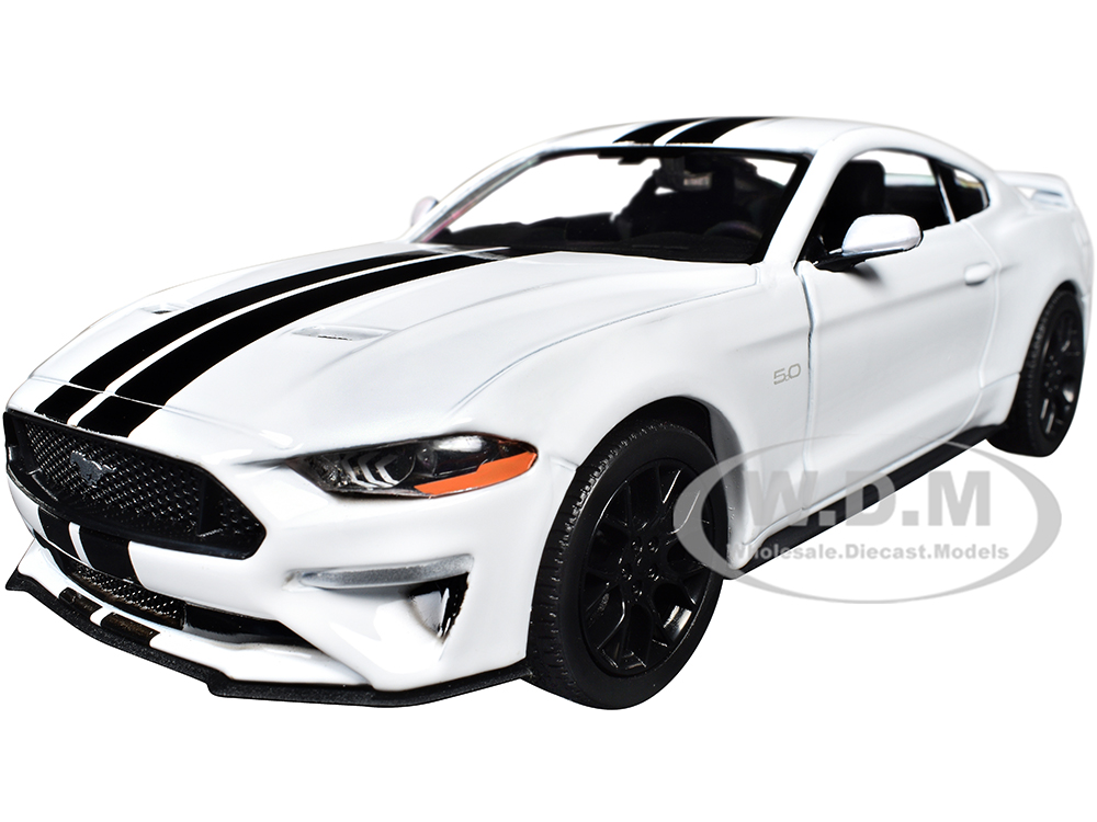 2018 Ford Mustang GT 5.0 White with Black Stripes Timeless Legends Series 1/24 Diecast Model Car by Motormax