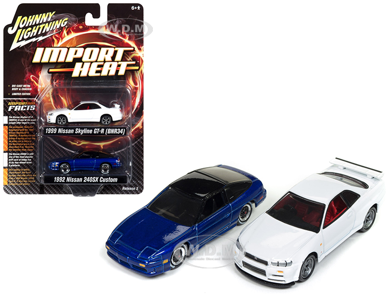 Image of 1992 Nissan 240 SX Custom Cobalt Blue Metallic and 1999 Nissan Skyline GT-R (BNR34) White "Import Heat" Set of 2 1/64 Diecast Model Cars by Johnny Li