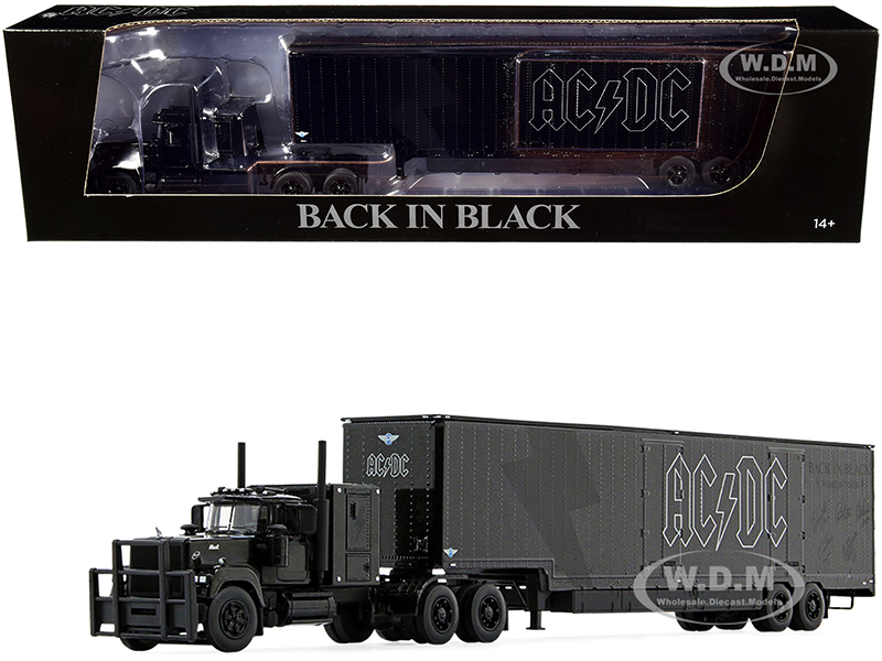 Image of Mack Super-Liner 60" Flattop Sleeper Cab with Kentucky Moving Trailer "AC/DC Back in Black" Black Metallic with Matt Black Accents 1/64 Diecast Model