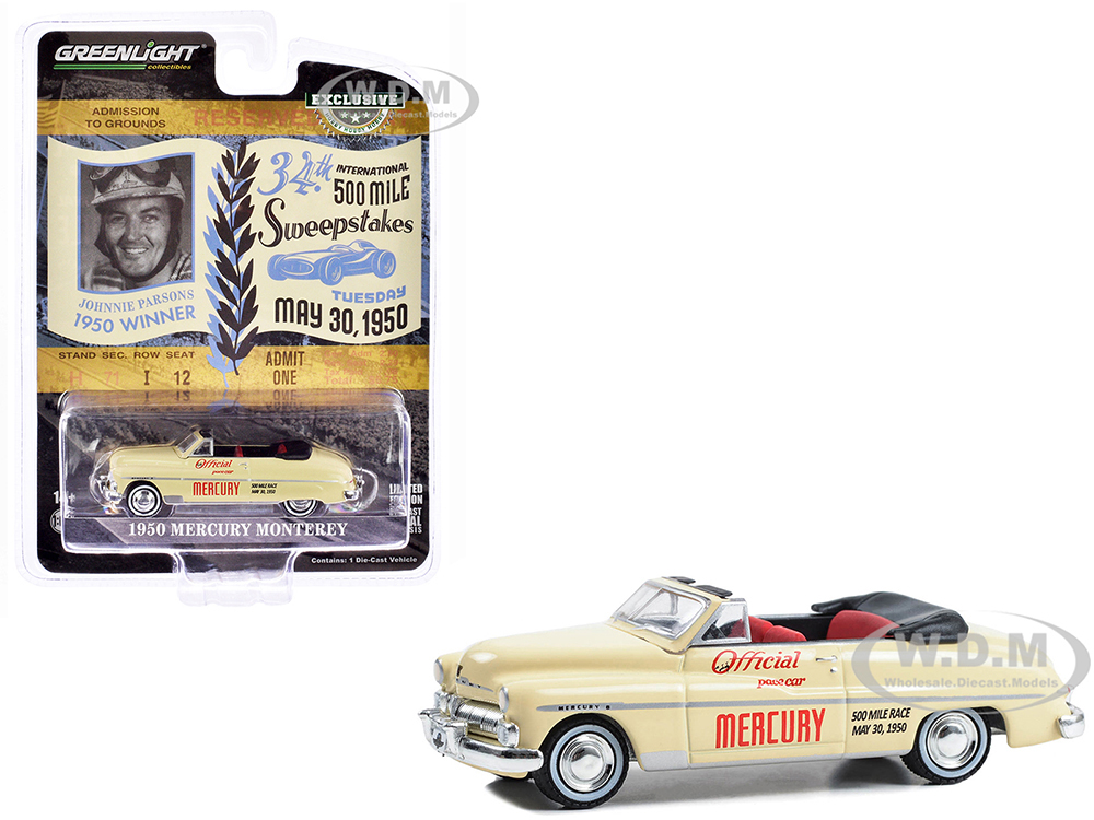 1950 Mercury Monterey Convertible Cream Official Pace Car 34th International 500 Mile Sweepstakes Hobby Exclusive Series 1/64 Diecast Model Car by Greenlight