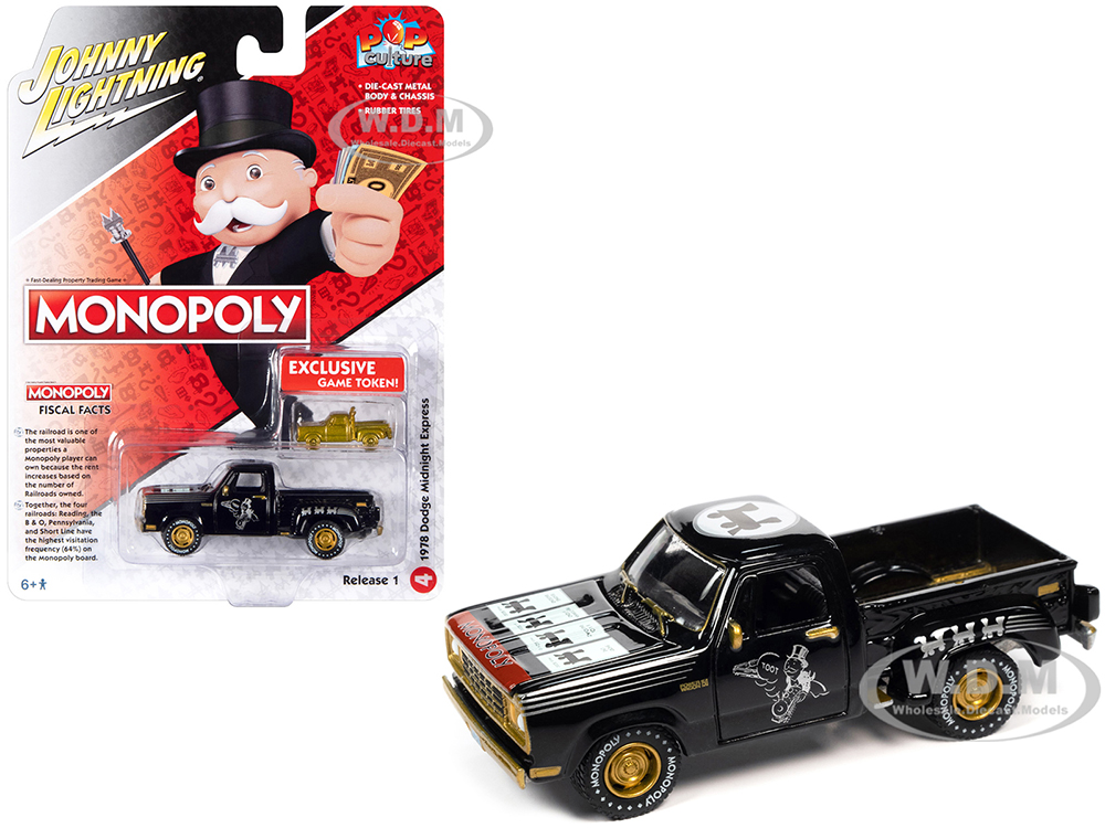 1978 Dodge Midnight Express Pickup Truck Black "Railroad Tycoon" with Game Token "Monopoly" "Pop Culture" 2023 Release 1 1/64 Diecast Model Car by Jo