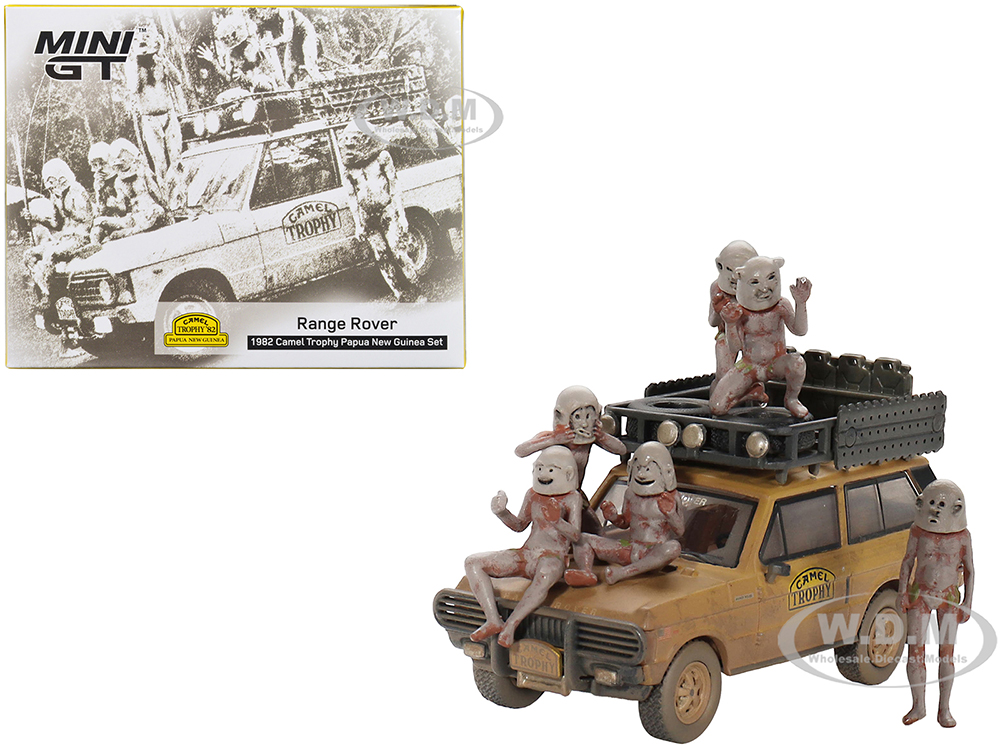 Range Rover with Roofrack Tan (Dirty Version) Camel Trophy - Papua New Guinea Team USA (1982) with Papua New Guinea Asaro Mudmen 6 piece Figure Set 1/64 Diecast Model Car by True Scale Miniatures