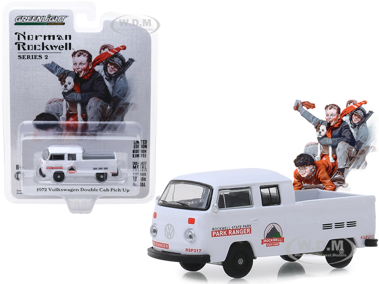 Image of 1972 Volkswagen Double Cab Pickup Truck White "Rockwell State Park" "Norman Rockwell" Series 2 1/64 Diecast Model Car by Greenlight