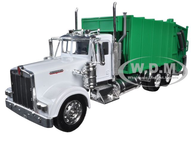 Kenworth W900 Garbage Truck White and Green 1/32 Diecast Model by New Ray