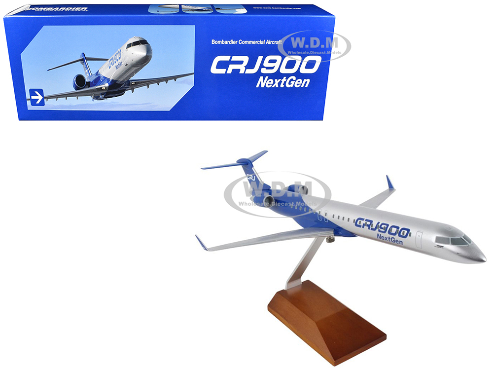 Bombardier CRJ900 Commercial Aircraft CRJ900 Next Gen Silver Metallic and Blue with Wood Stand (Snap-Fit) 1/100 Plastic Model by Skymarks