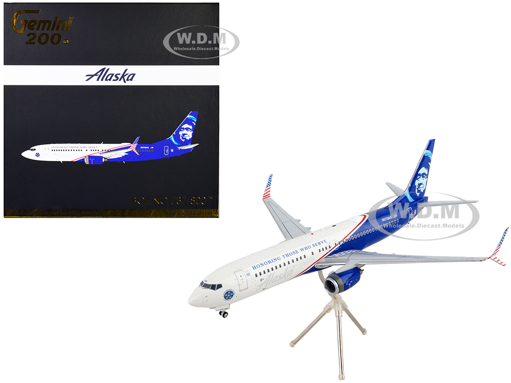 Boeing 737-800 Commercial Aircraft Alaska Airlines - Honoring Those Who Serve White and Blue Gemini 200 Series 1/200 Diecast Model Airplane by GeminiJets