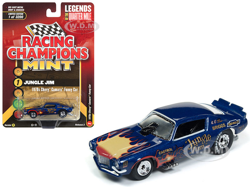 1970 Chevrolet Camaro Funny Car "Jungle Jim" Blue with Flames Limited Edition to 3200 pieces Worldwide 1/64 Diecast Model Car by Racing Champions