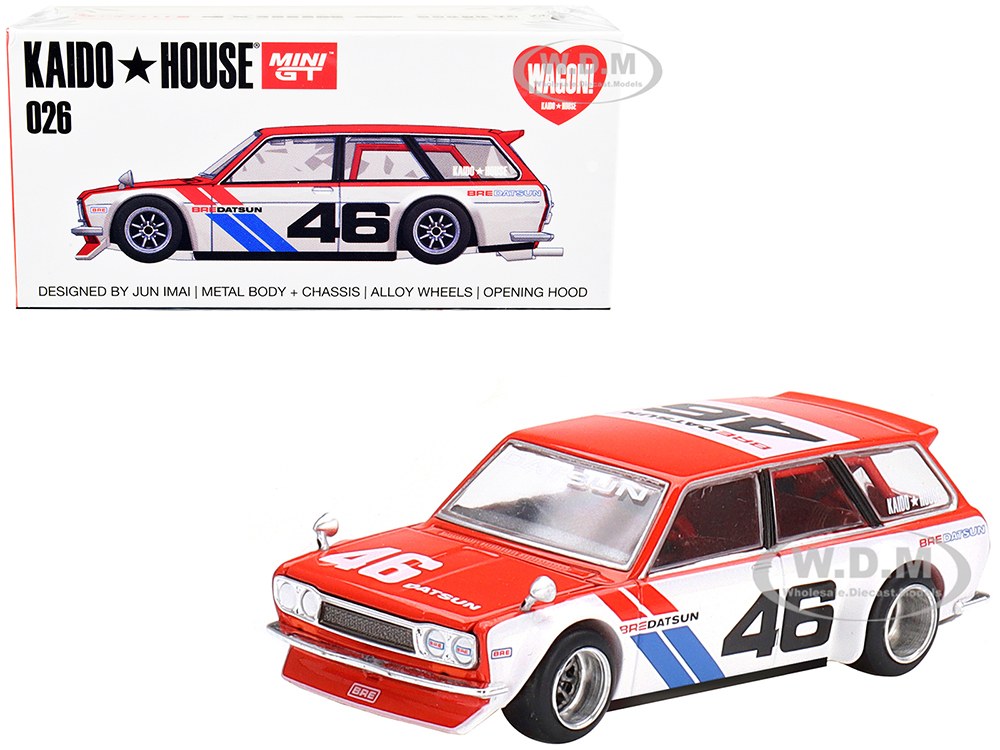 Datsun 510 Wagon RHD (Right Hand Drive) #46 BRE V1 Red and White with Blue Stripes (Designed by Jun Imai) Kaido House Special 1/64 Diecast Model Car by True Scale Miniatures
