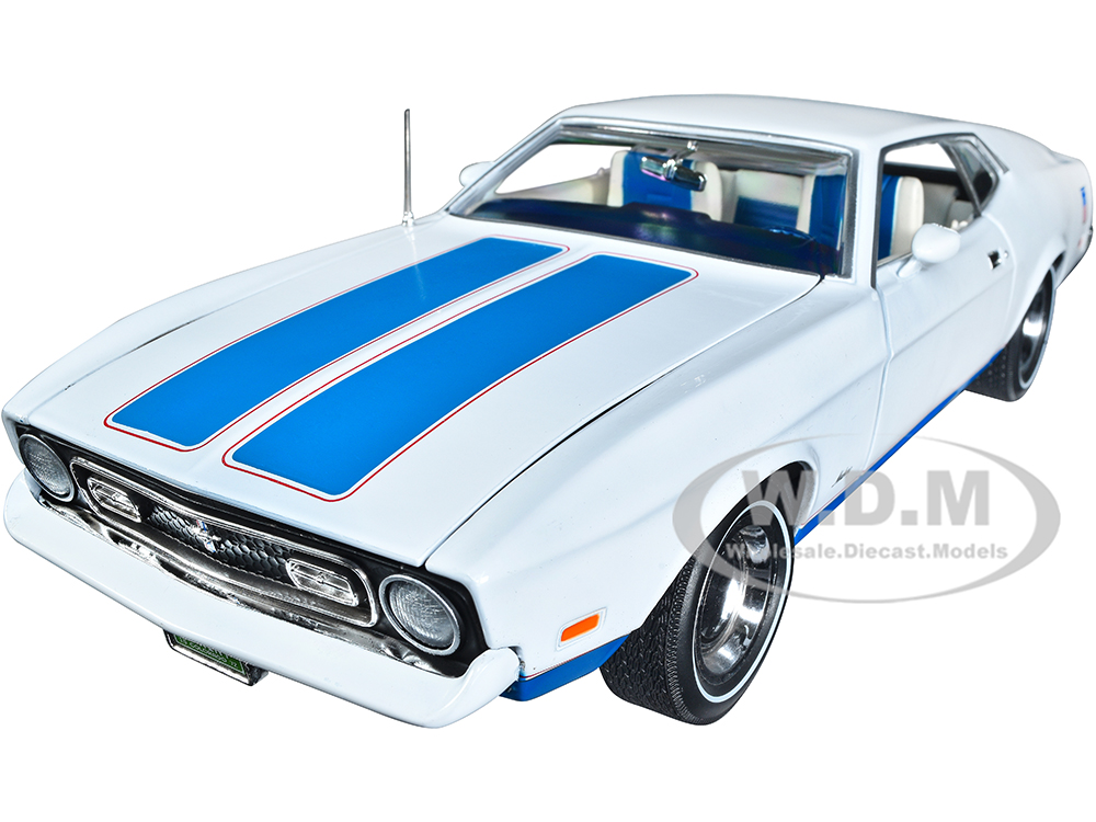 1972 Ford Mustang Sprint White with Blue Stripes Class of 1972 American Muscle Series 1/18 Diecast Model Car by Auto World