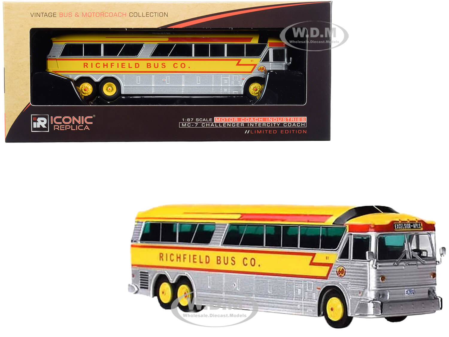 Image of 1970 MCI MC-7 Challenger Intercity Motorcoach "Richfield Bus Co." "Excelsior - Minneapolis" (Minnesota U.S.A.) Silver and Yellow "Vintage Bus &amp; M