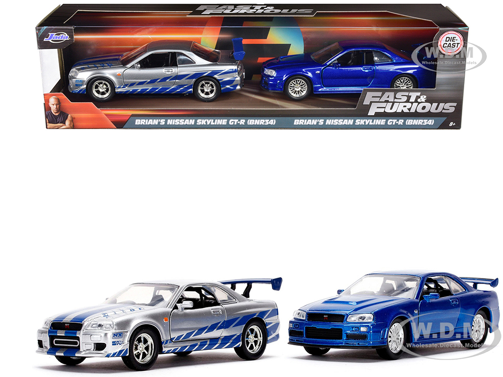 Brians Nissan Skyline GT-R (BNR34) Silver with Blue Stripes and Nissan GT-R (BNR34) Blue Metallic Set of 2 pieces Fast & Furious Series 1/32 Diecast Model Cars by Jada