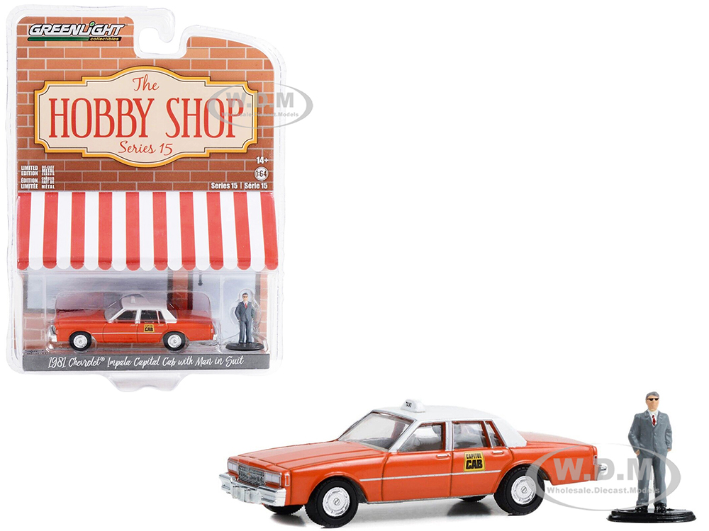 1981 Chevrolet Impala "Capitol Cab" Taxi Orange with White Top and Man in Suit Figure "The Hobby Shop" Series 15 1/64 Diecast Model Car by Greenlight
