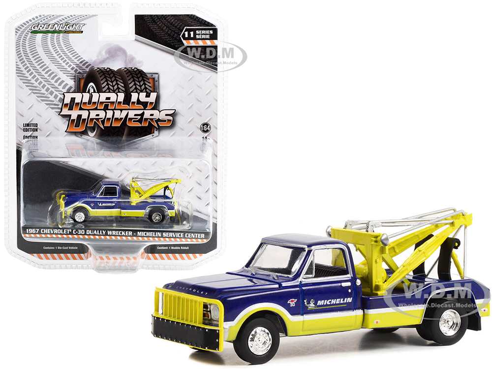 1967 Chevrolet C-30 Dually Wrecker Tow Truck Michelin Service Center Blue and Yellow Dually Drivers Series 11 1/64 Diecast Model Car by Greenlight