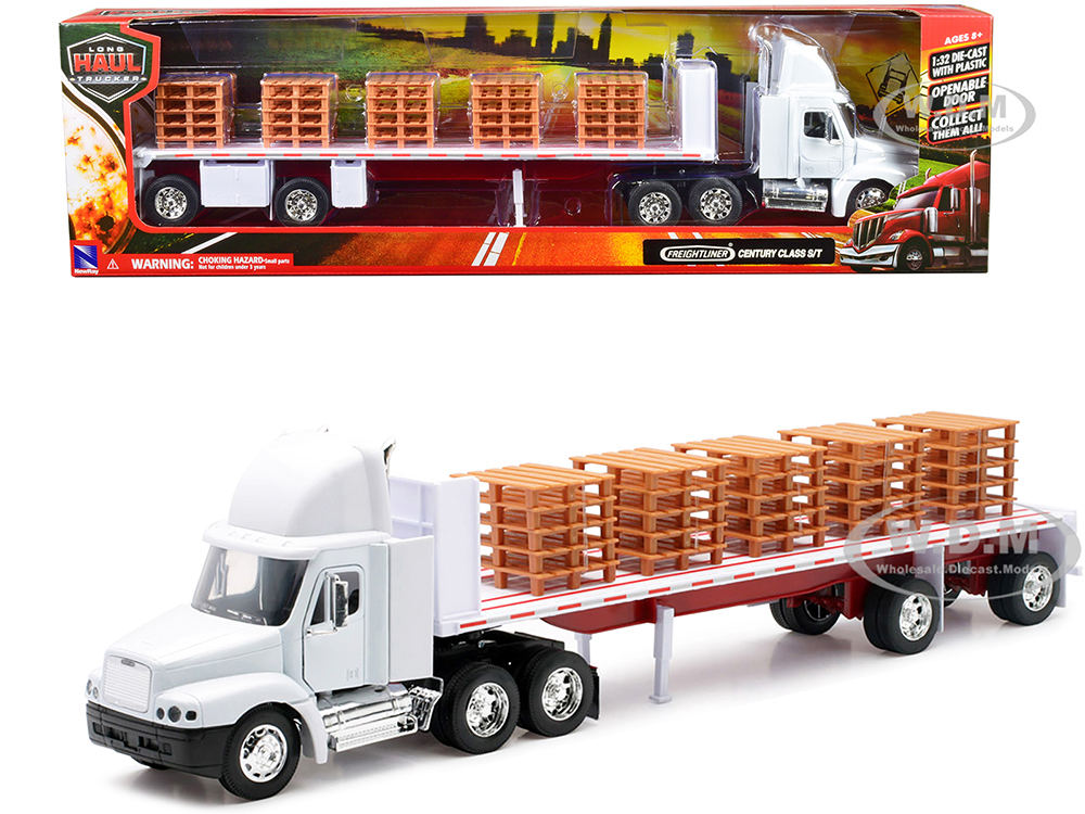 Freightliner Century Class S/T Flatbed Truck White with Pallet Accessories Long Haul Trucker Series 1/32 Diecast Model by New Ray