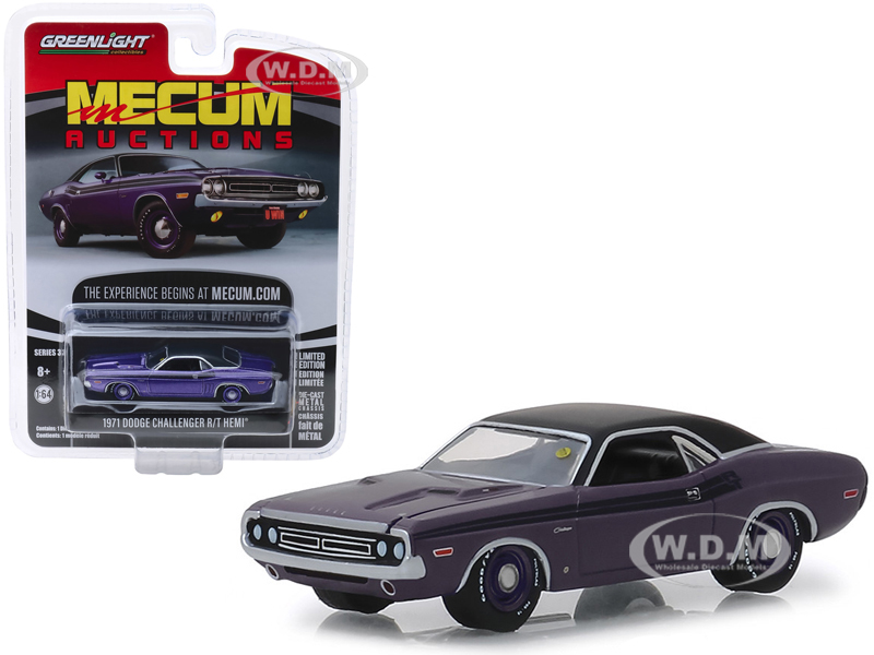Image of 1971 Dodge HEMI Challenger R/T Plum Crazy Metallic with Black Top and Stripes (Houston 2018) "Mecum Auctions Collector Cars" Series 3 1/64 Diecast Mo