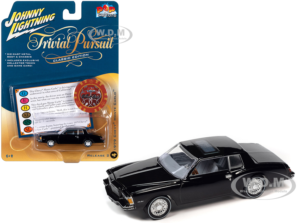 1979 Chevrolet Monte Carlo Black with Poker Chip and Game Card Trivial Pursuit Pop Culture 2023 Release 2 1/64 Diecast Model Car by Johnny Lightning