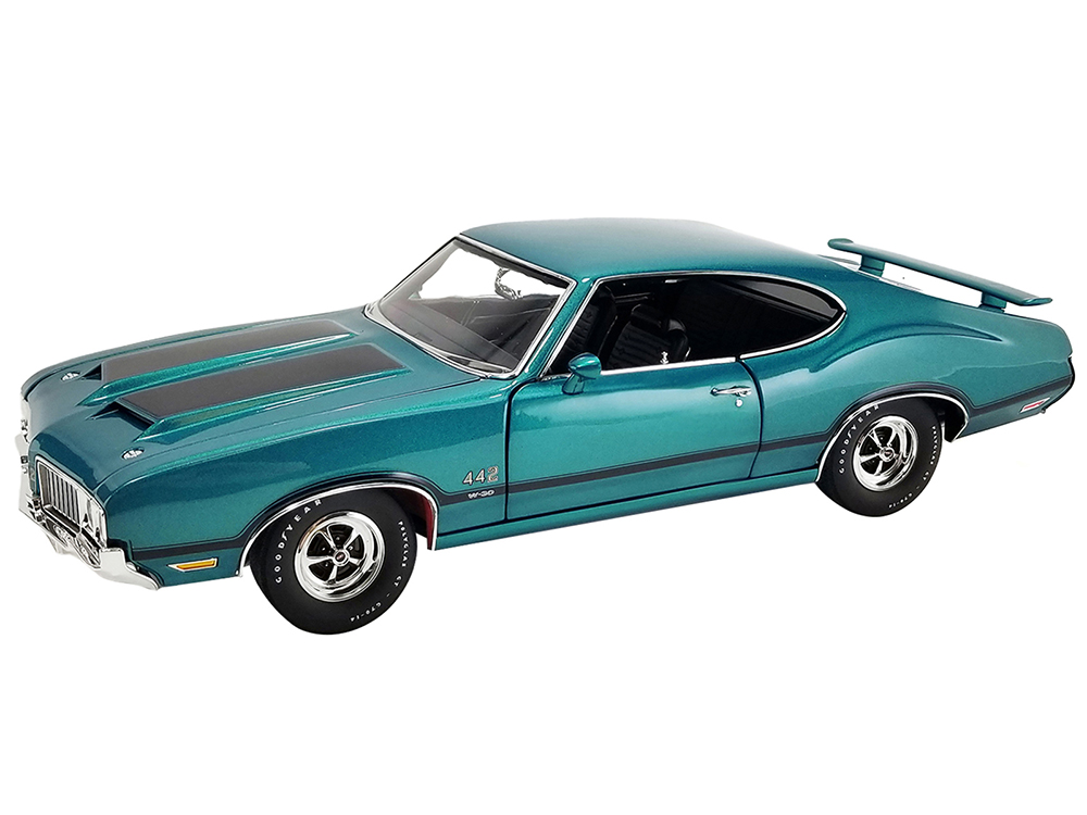 1970 Oldsmobile 442 W-30 Aegean Aqua Metallic with Black Stripes Limited Edition to 380 pieces Worldwide 1/18 Diecast Model Car by ACME