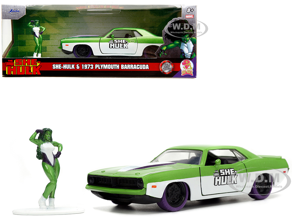 1973 Plymouth Barracuda Green Metallic and White and She-Hulk Diecast Figure The Savage She-Hulk Hollywood Rides Series 1/32 Diecast Model Car by Jada