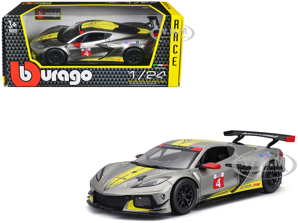 2020 Chevrolet Corvette C8.R #4 Silver Metallic with Yellow Stripes Race Series 1/24 Diecast Model Car by Bburago