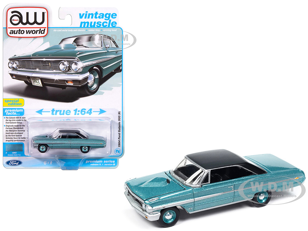 1964 Ford Galaxie 500 XL Dynasty Green Metallic with Black Top Vintage Muscle Series 1/64 Diecast Model Car by Auto World
