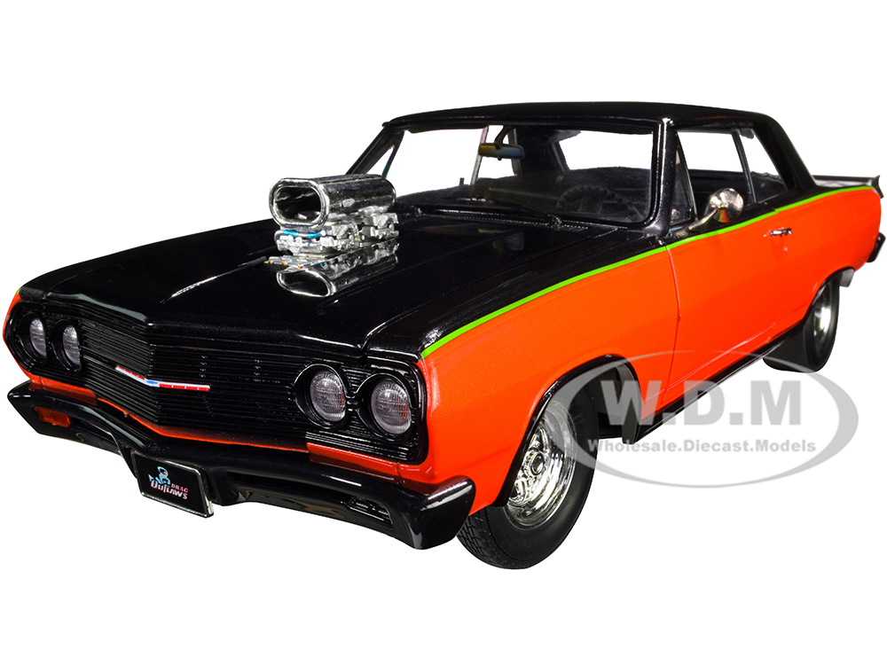 1965 Chevrolet Chevelle SS "Drag Outlaws" Black Metallic and Orange Metallic with Bright Green Stripe Limited Edition to 468 pieces Worldwide 1/18 Di