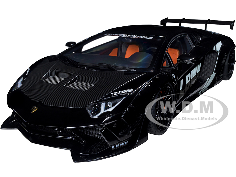 Lamborghini Aventador Liberty Walk LB-Works Livery Black with Carbon Hood Limited Edition 1/18 Model Car by Autoart