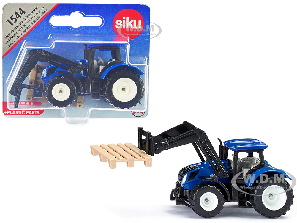 New Holland T7.315 Tractor With Pallet Fork And Pallet Blue And Black Diecast Model By Siku