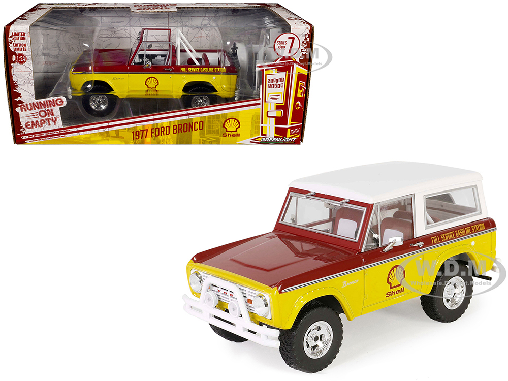 1977 Ford Bronco Shell Oil Red and Yellow with White Top Running on Empty Series 7 1/24 Diecast Model Car by Greenlight