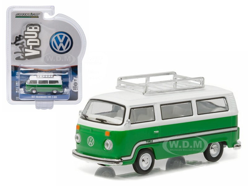 1977 Volkswagen Type 2 Bus (t2b) Sumatra Green With Roof Rack And Stripes 1/64 Diecast Model Car By Greenlight