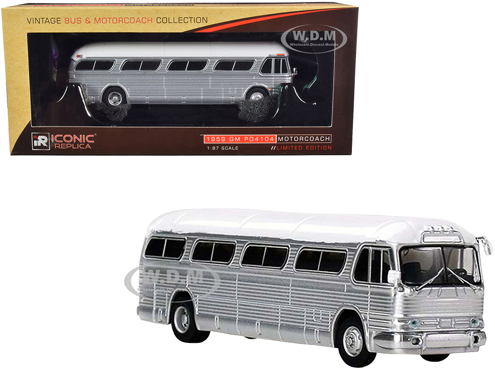 Image of 1959 GM PD4104 Motorcoach Bus Blank Silver with White Top "Vintage Bus &amp; Motorcoach Collection" 1/87 Diecast Model by Iconic Replicas
