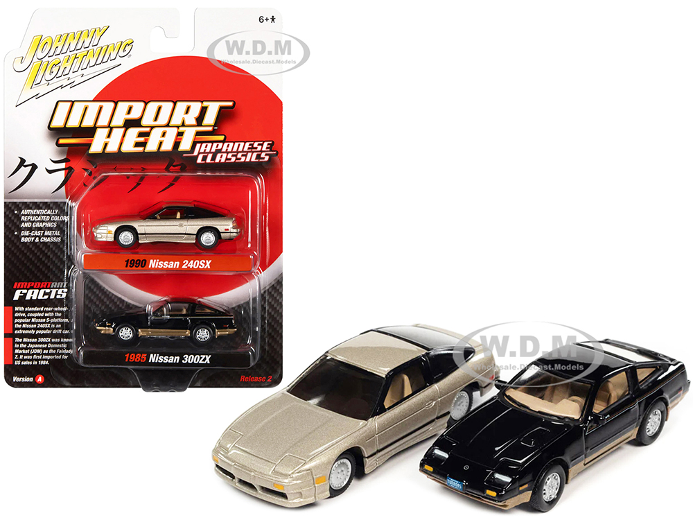 1985 Nissan 300ZX Thunder Black Body with Gold Trim and 1990 Nissan 240SX Champagne Gold Pearl with Black Stripes Import Heat Series Set of 2 Cars 1/64 Diecast Model Cars by Johnny Lightning