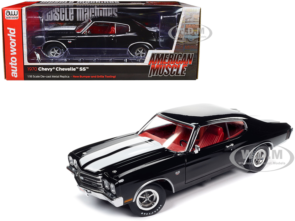1970 Chevrolet Chevelle SS Tuxedo Black with White Stripes and Red Interior Hemmings Muscle Machines Magazine Cover Car (May 2011) American Muscle Series 1/18 Diecast Model Car by Auto World