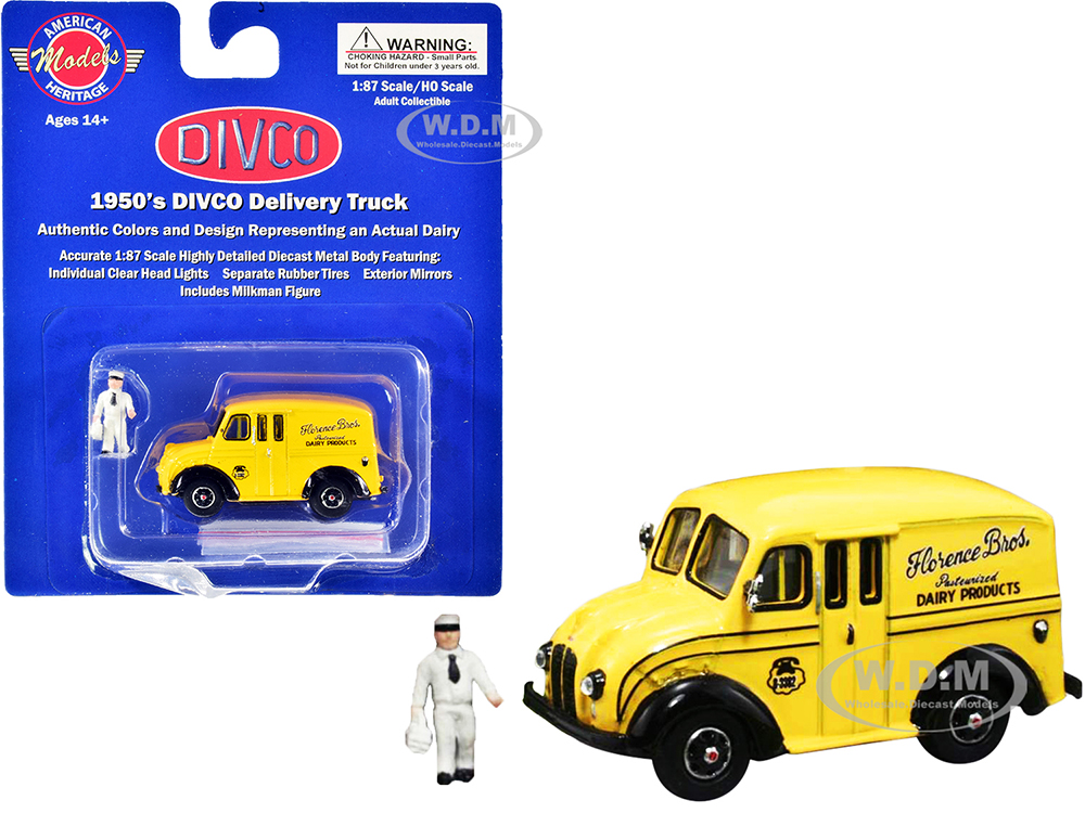 1950s Divco Delivery Truck Yellow "Florence Bros. Dairy Products" with Milkman Figurine and Carrier 1/87 (HO) Scale Diecast Model by American Heritag